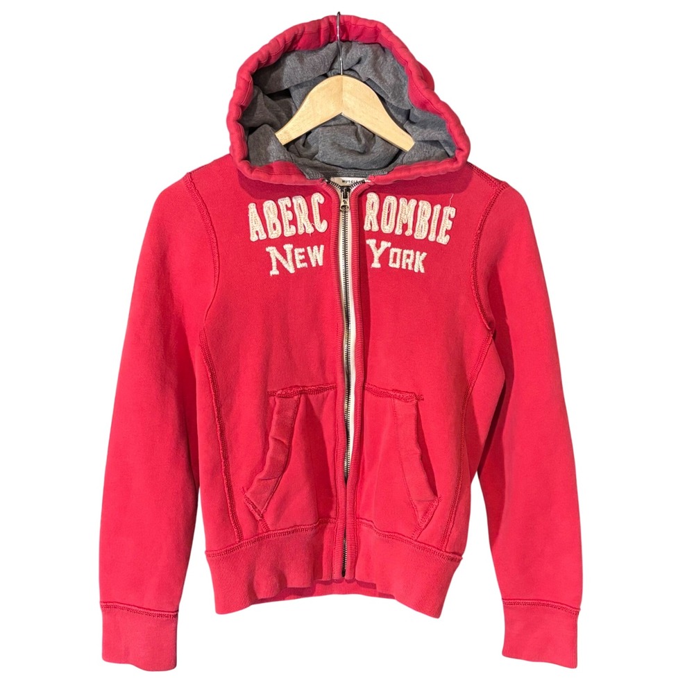 Abercrombie & Fitch Hoodie Women Medium Red  Y2K Muscle Fit Full Zip Embroidered